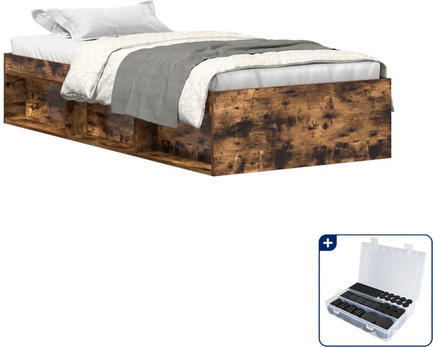 vidaXL bedframe - 75 x 190 cm - bewerkt hout - gerookt eiken - Inclusief antikrasvilt 177-delig Bruin