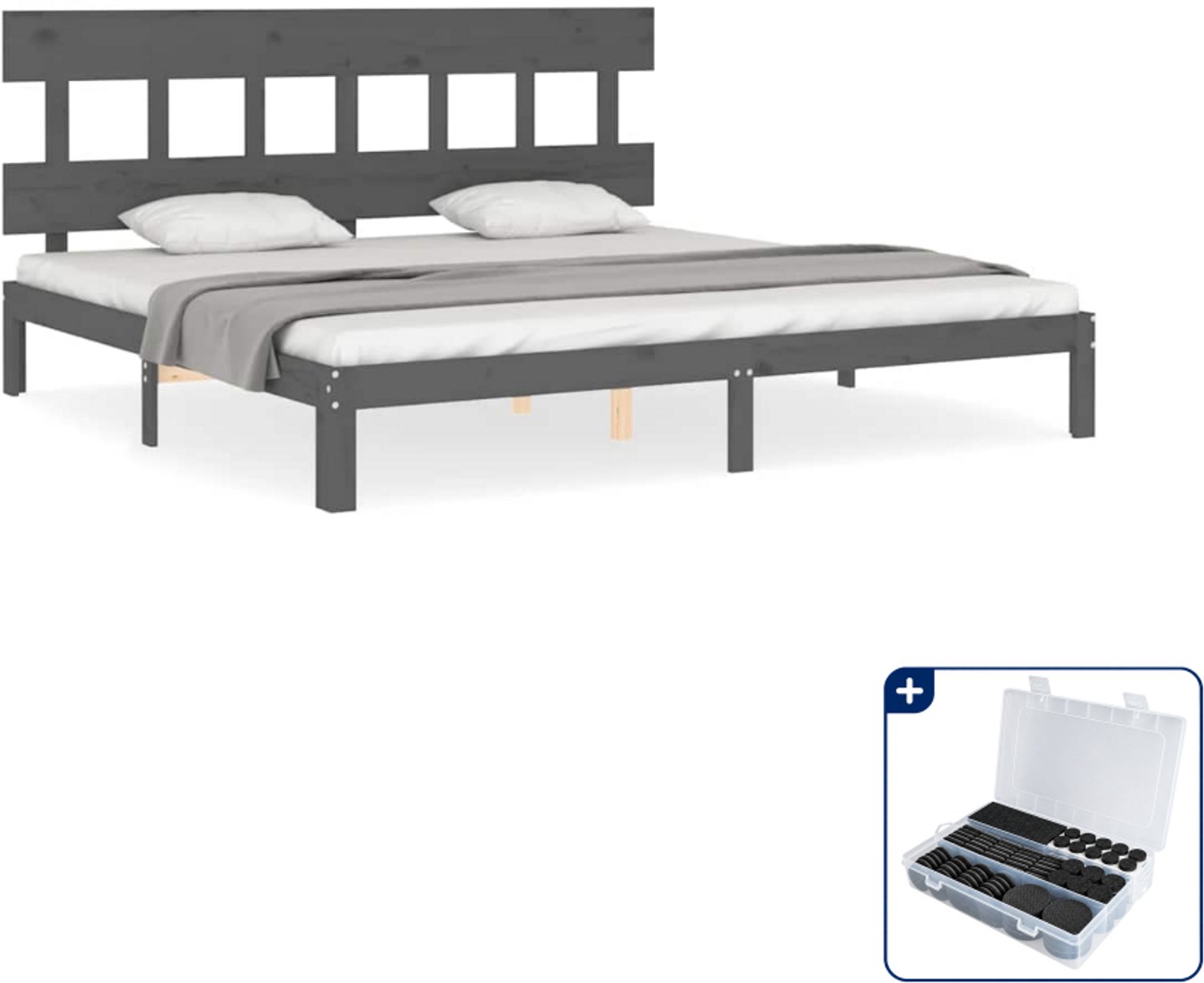 vidaXL bedframe met hoofdbord - 200 x 200 cm - massief grenenhout - grijs - Inclusief antikrasvilt 177-delig