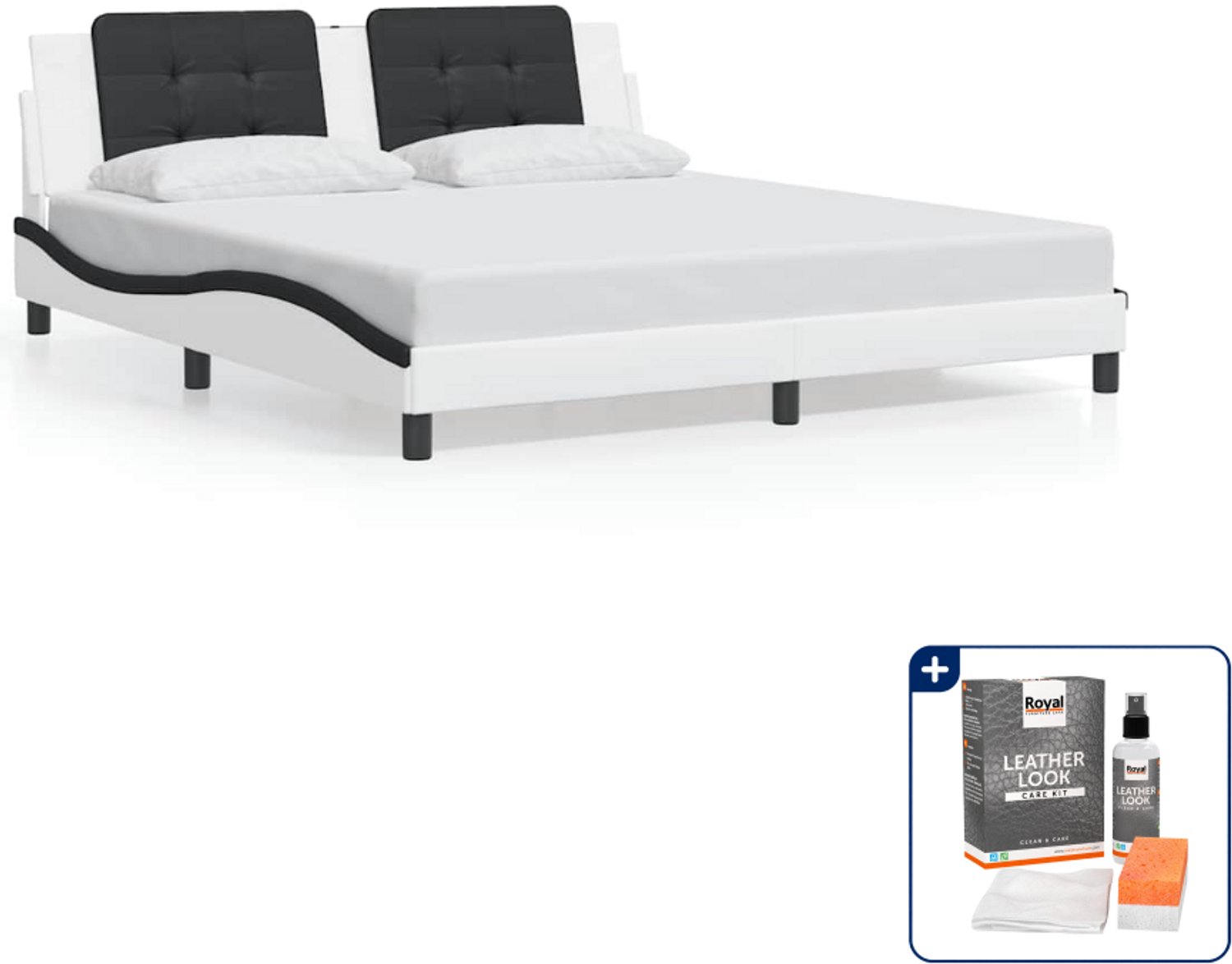 vidaXL Bedframe Zadar Kingsize 180 x 200 cm - wit en zwart - Inclusief onderhoudsset voor kunstleer 150 ml