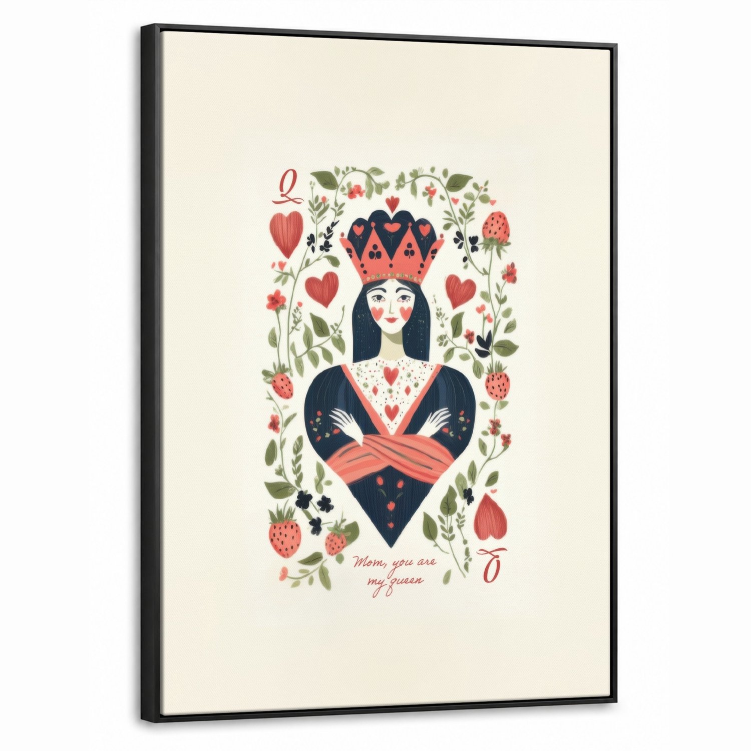 Canvas Schilderij met Baklijst 70x100cm - Speelkaart - Hartenkoningin - Bloemen - Hartjes - Muurdecoratie woonkamer - Slaapkamer decoratie - Kamer accessoires - Schilderijen op canvas met lijst