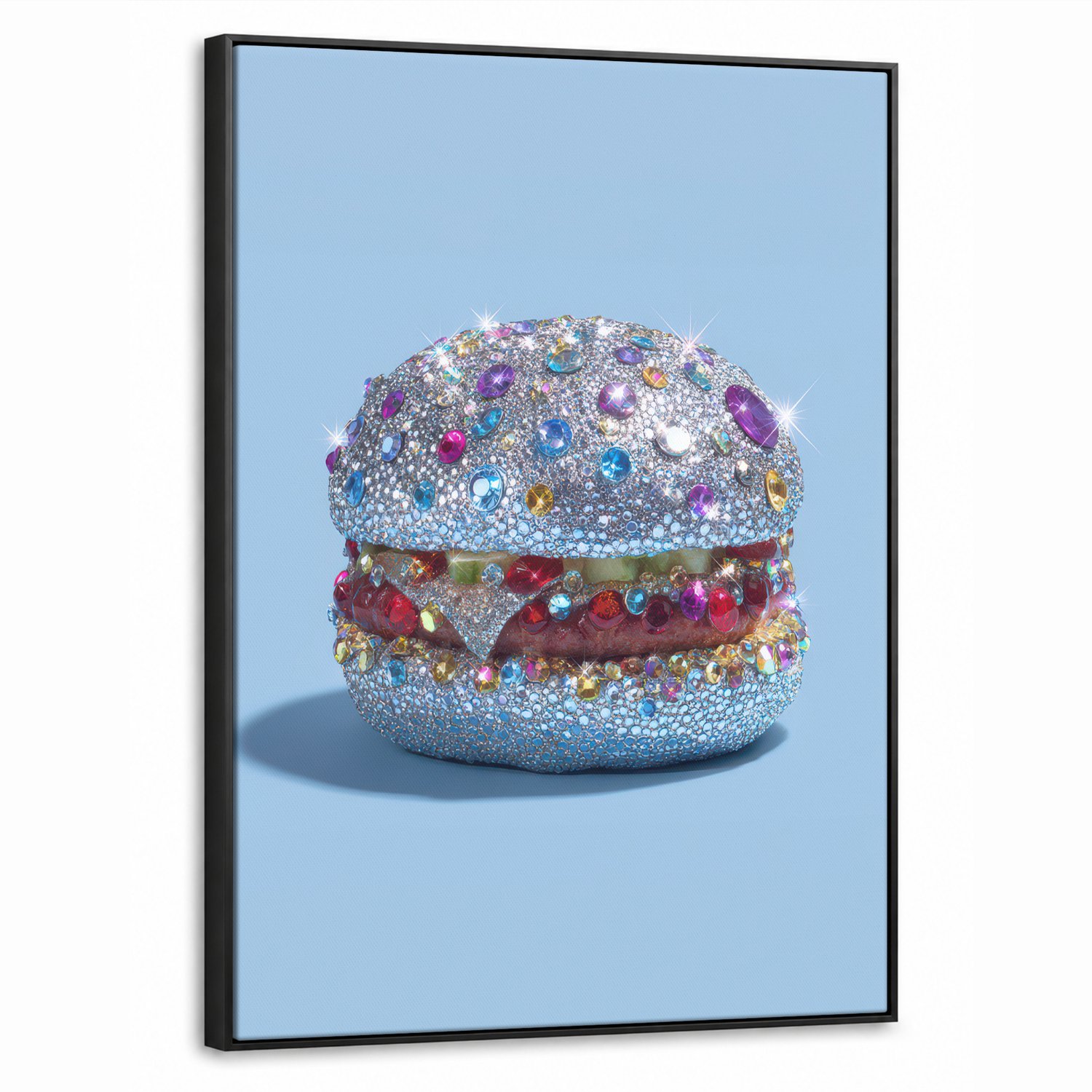 Canvas Schilderij met Baklijst 60x80cm - Glitters - Hamburger - Blauw - Muurdecoratie woonkamer - Slaapkamer decoratie - Kamer accessoires - Schilderijen op canvas met lijst