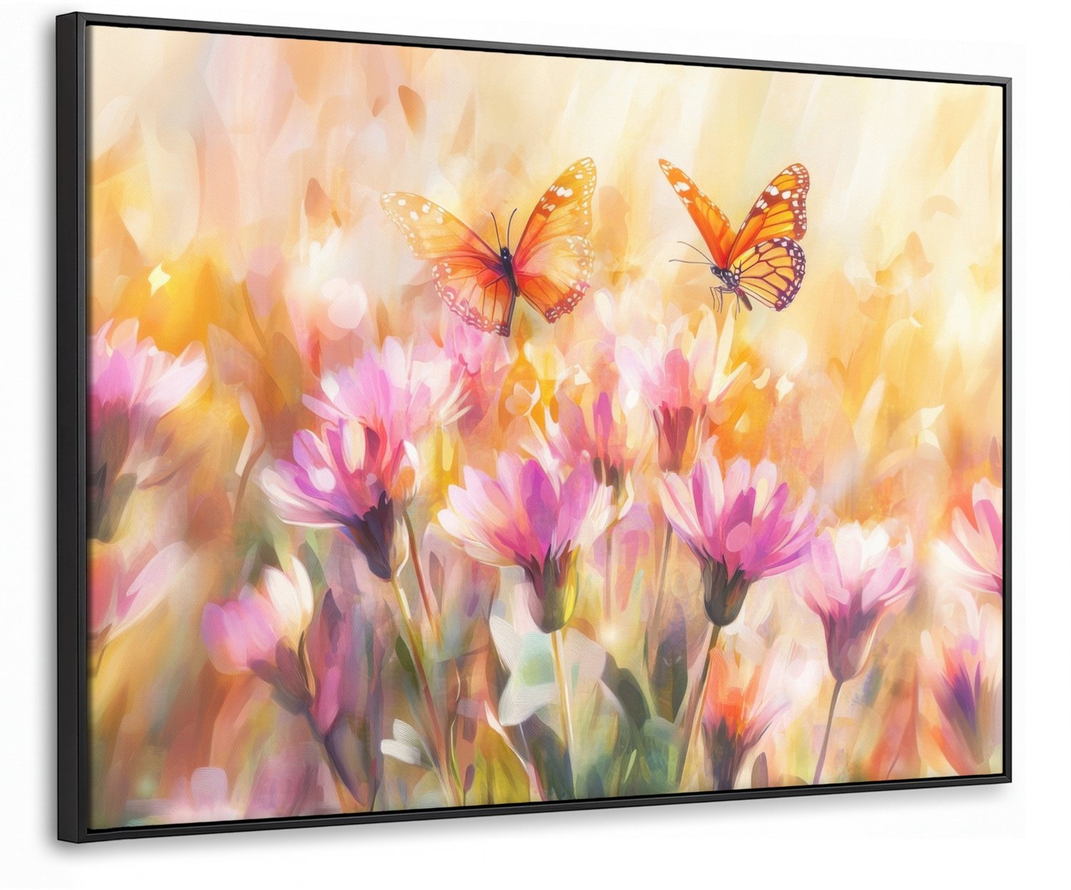 Canvas Schilderij met Baklijst 100x70cm - Vlinders - Oranje - Bloemen - Muurdecoratie woonkamer - Slaapkamer decoratie - Kamer accessoires - Schilderijen op canvas met lijst