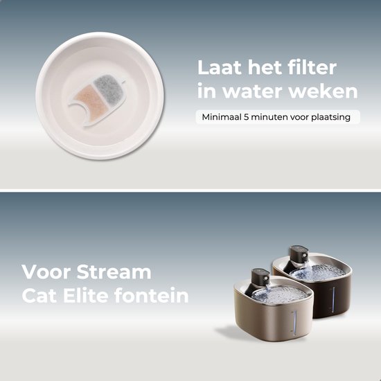 Filtertje weken in water, minimale voorbereiding 5 minuten, voor Stream Cat Elite fonteinen.