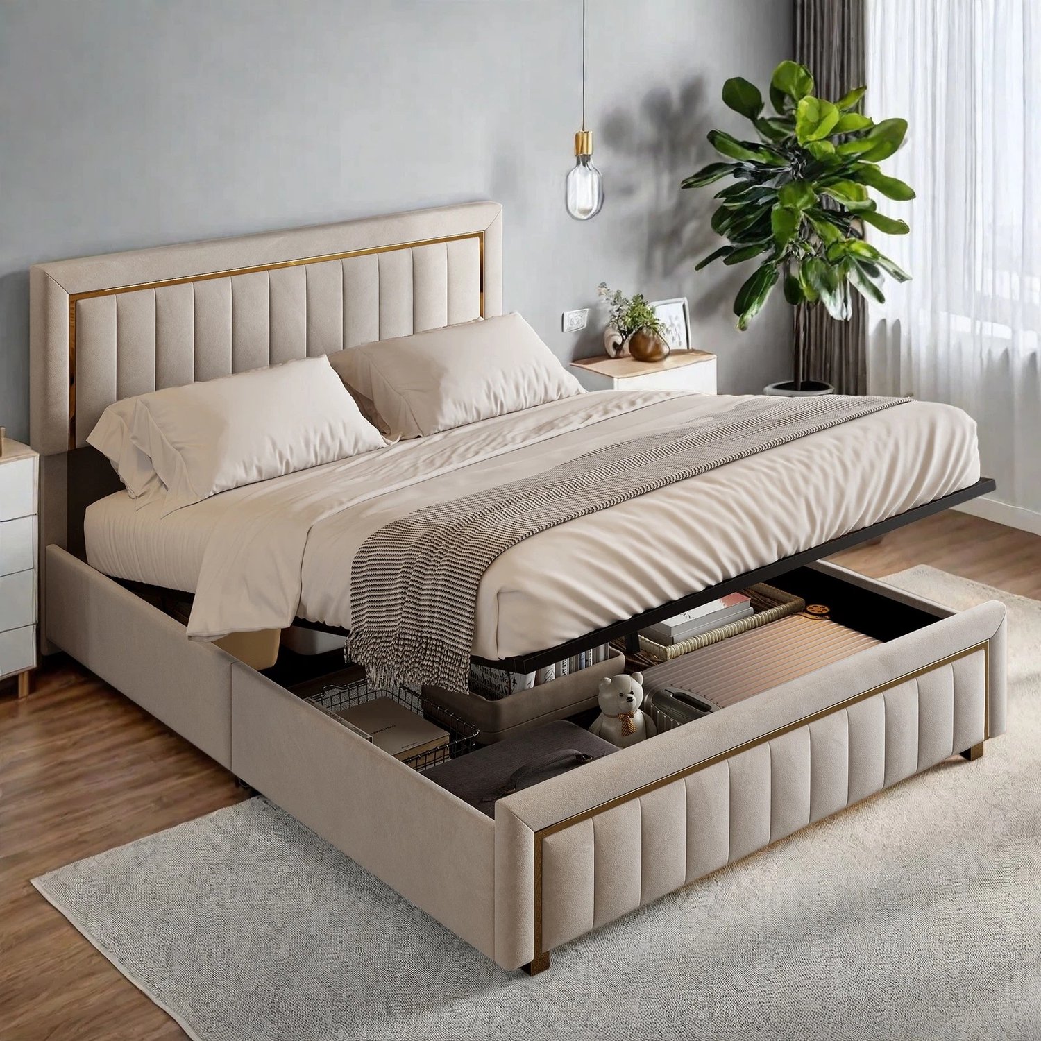 MEXUS Fluwelen Opbergbed 160x200 met Gouden Details – Gestoffeerd Tweepersoonsbed met Lattenbodem – Beige – Zonder Matras