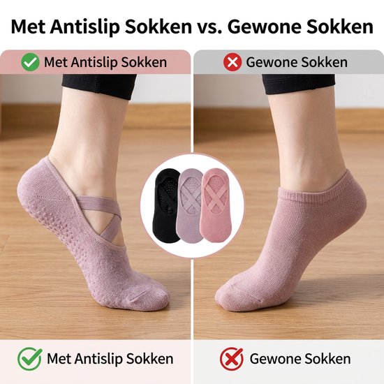 ECTEATOY® 3-Pack Pilates Sokken Antislip - Yogasokken Dames met Kruis Elastiek - voor Pilates, Barre & Balletsokken - Grijs, Paars&Roze — afbeelding 3
