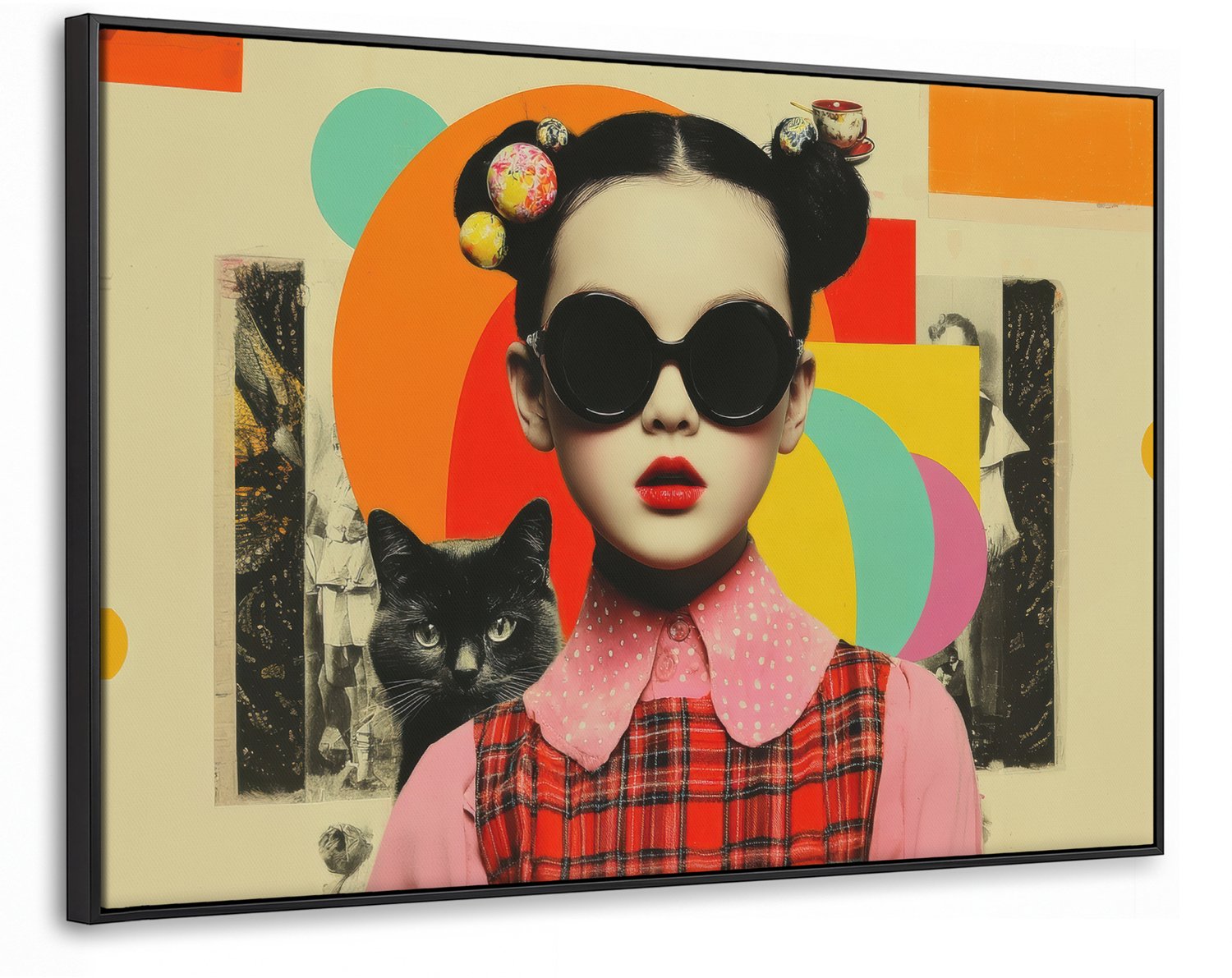 Canvas Schilderij met Baklijst XXL Canvas Schilderij met Baklijst 120x80cm - Meisje - Zonnebril - Kat - Retro - Muurdecoratie woonkamer - Slaapkamer decoratie - Kamer accessoires - Schilderijen op canvas met lijst groot