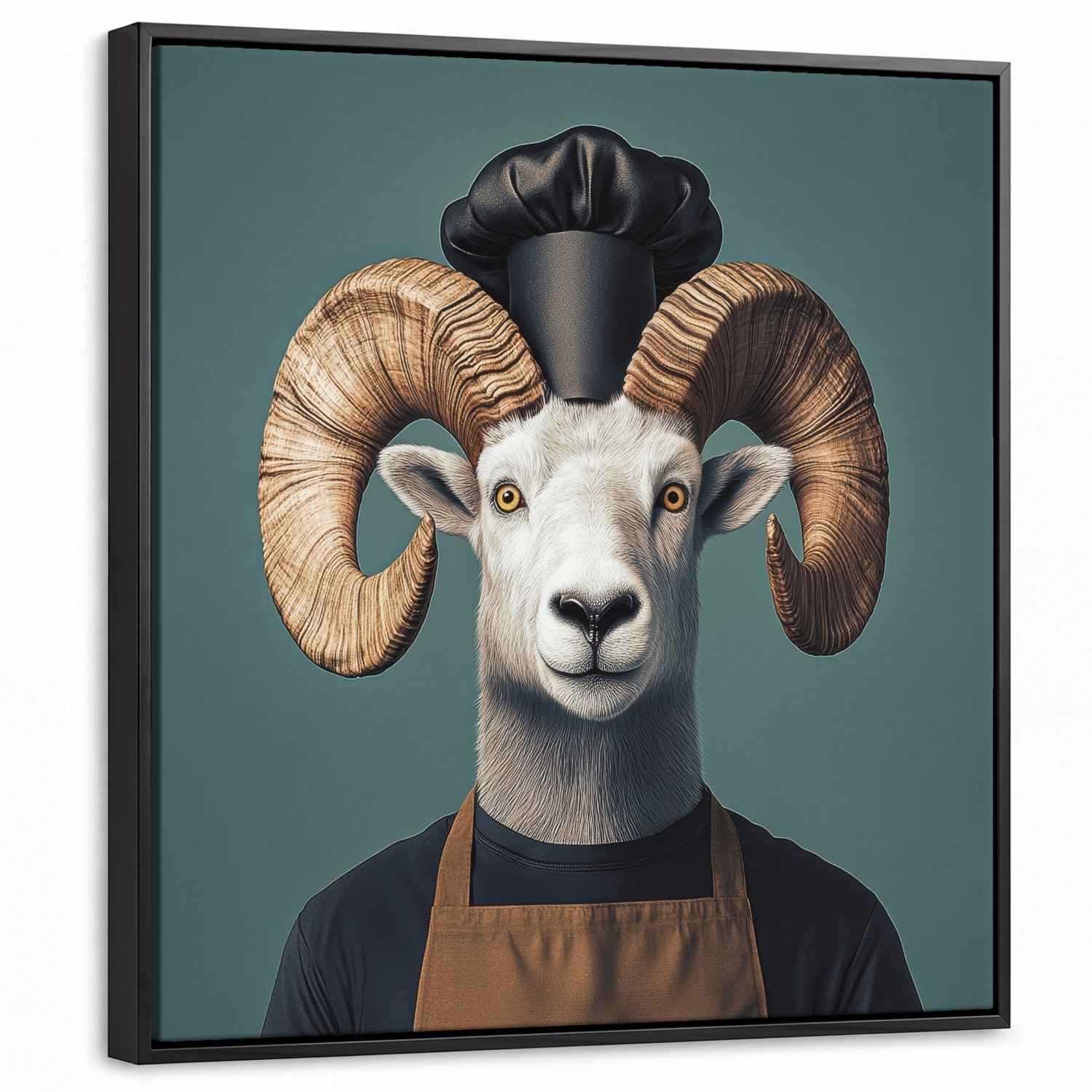 Canvas Schilderij met Baklijst 50x50cm - Geit - Hoorns - Kokskleding - Muurdecoratie woonkamer - Slaapkamer decoratie - Kamer accessoires - Schilderijen op canvas met lijst