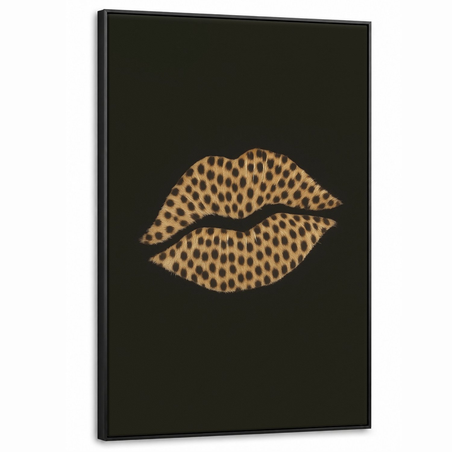Canvas Schilderij met Baklijst XXL Canvas Schilderij met Baklijst 90x140cm - lip - Zwart - Panterprint - Muurdecoratie woonkamer - Slaapkamer decoratie - Kamer accessoires - Schilderijen op canvas met lijst groot