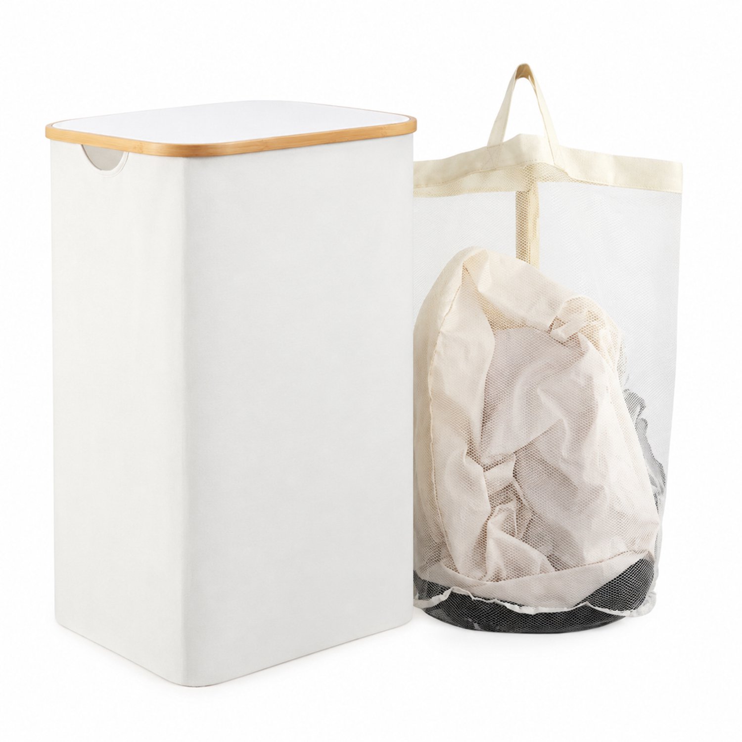 Wasmand met deksel en losse waszak van gaas - Extra groot - Beige