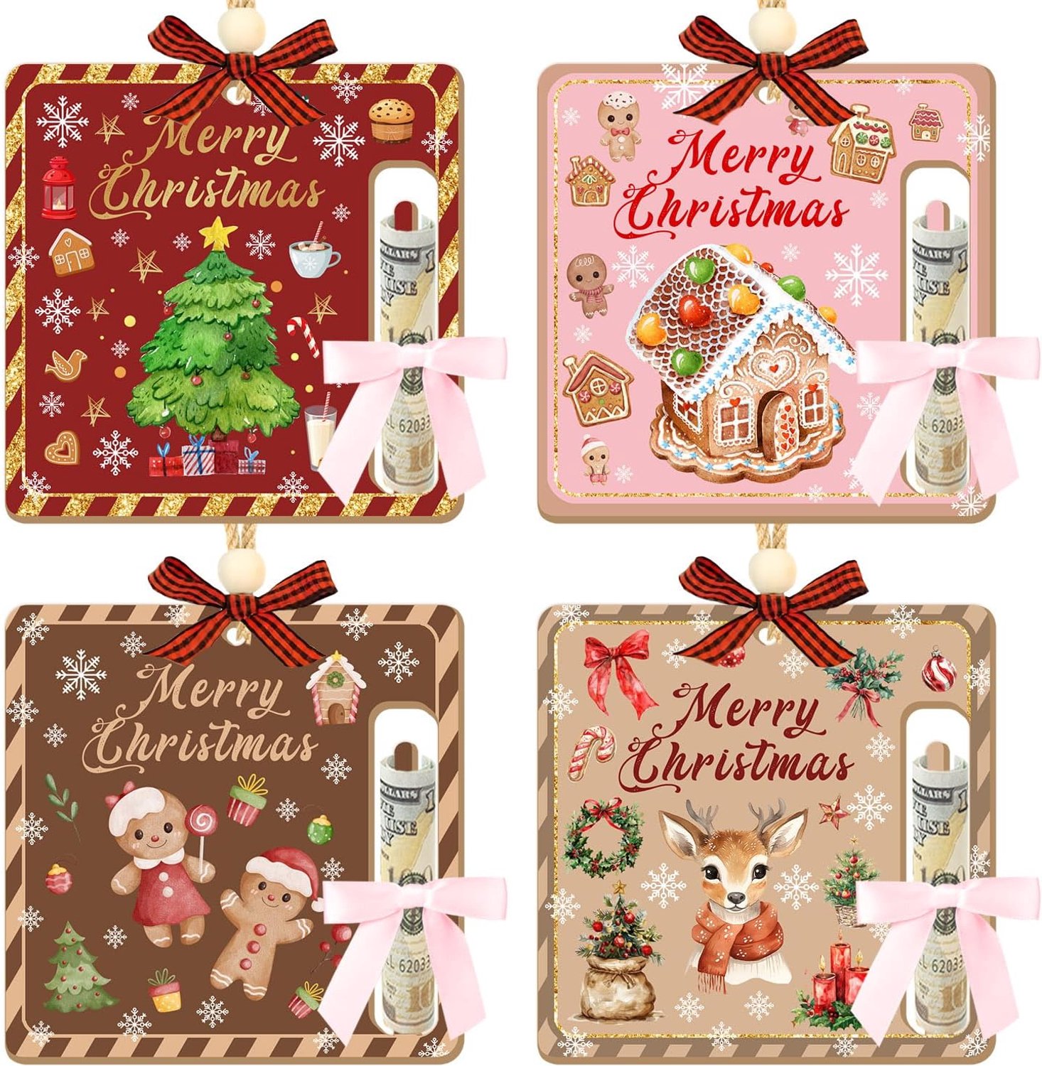 4 stuks - kerstversiering - Geldhouder - kerstornamenten - kersthangers - kerstversiering binnen - Kerstversieringen - kerst versieringen - Kerstboomversiering - Kerstboomhangers - Kerstgeldhouders - Kerst Biljethouder - Kerst Geldhouder - Hout
