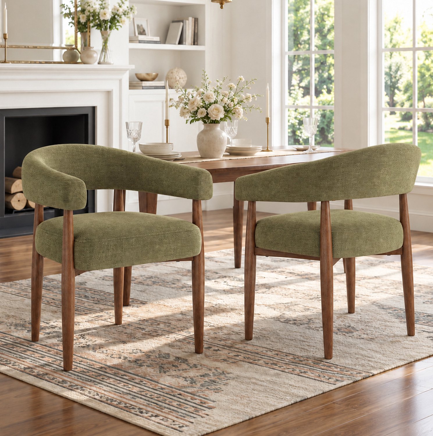 STILVORA Eetkamerstoelen - Set van 2 - Met Armleuningen - Voor Eetkamer en Woonkamer - Chenille en Metaal - Olijfgroen en Walnootkleur