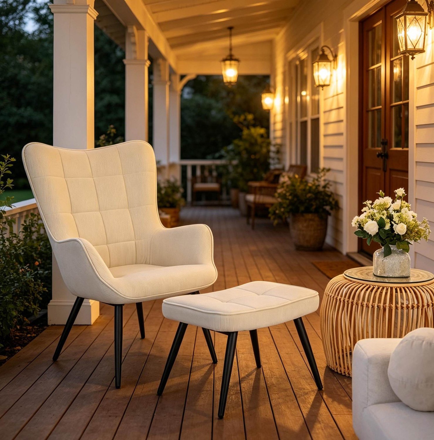 MODFU Fauteuil Met Hocker - Hoge Rugleuning En Armleuningen - Corduroy - Crèmewit Crème wit