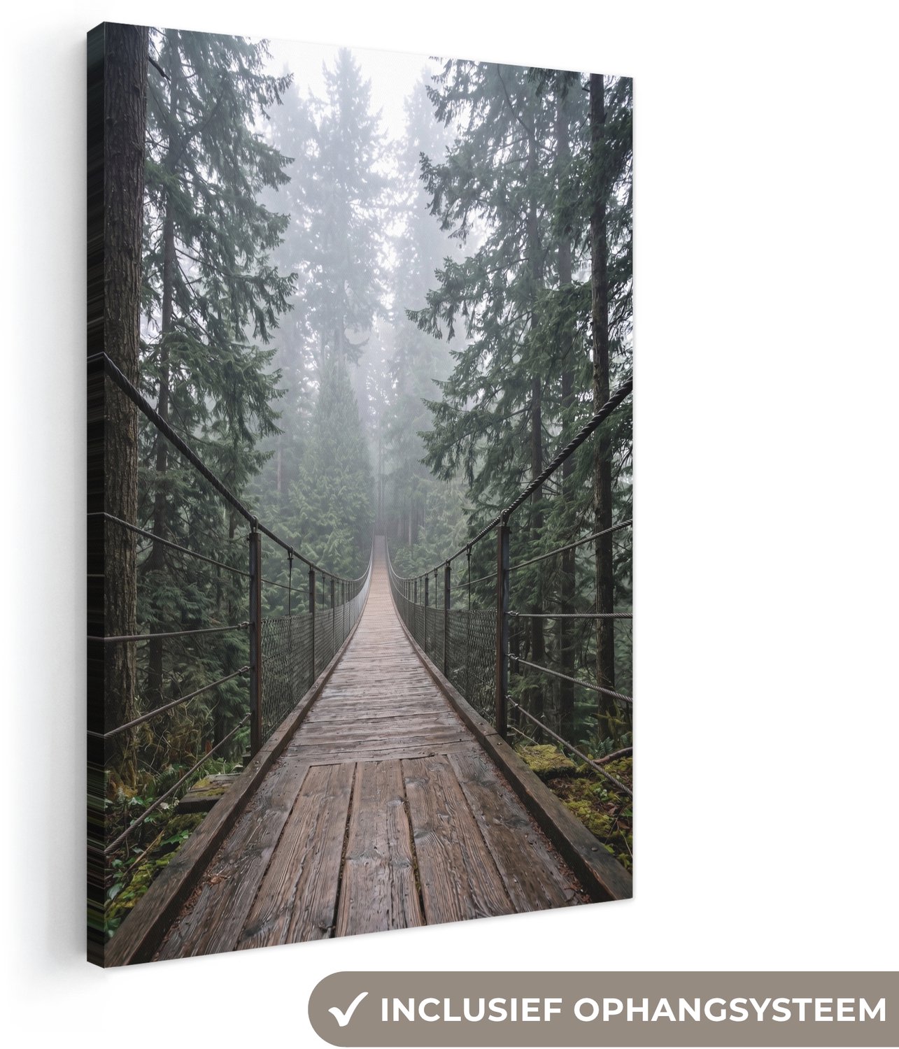 Canvas schilderij 40x60 cm - Exclusieve wanddecoratie Brug - Bos - Mist - Natuur - Muurdecoratie woonkamer - Slaapkamer decoratie - Kamer accessoires - Schilderijen op canvas