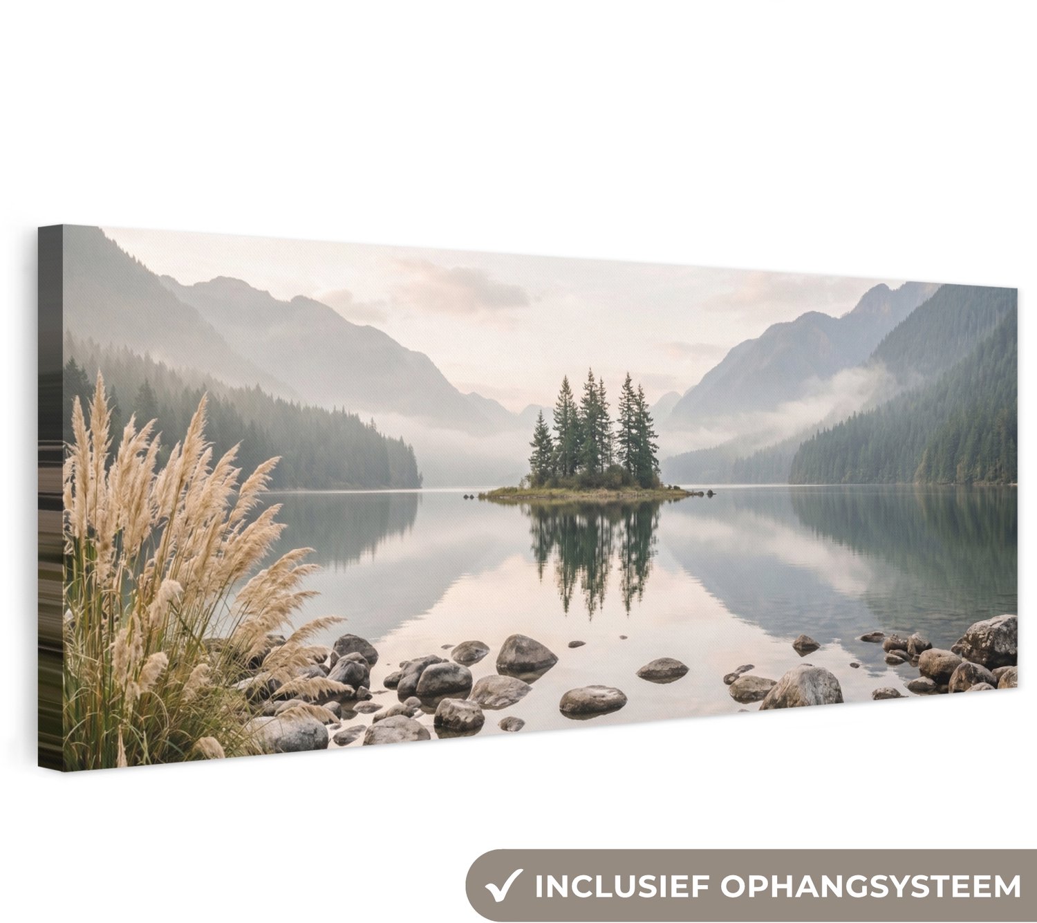 Canvas schilderij 180x60 cm - Exclusieve wanddecoratie Meer - Bergen - Landschap - Groen - Muurdecoratie woonkamer - Slaapkamer decoratie - Kamer accessoires - Schilderijen op canvas groot XXL