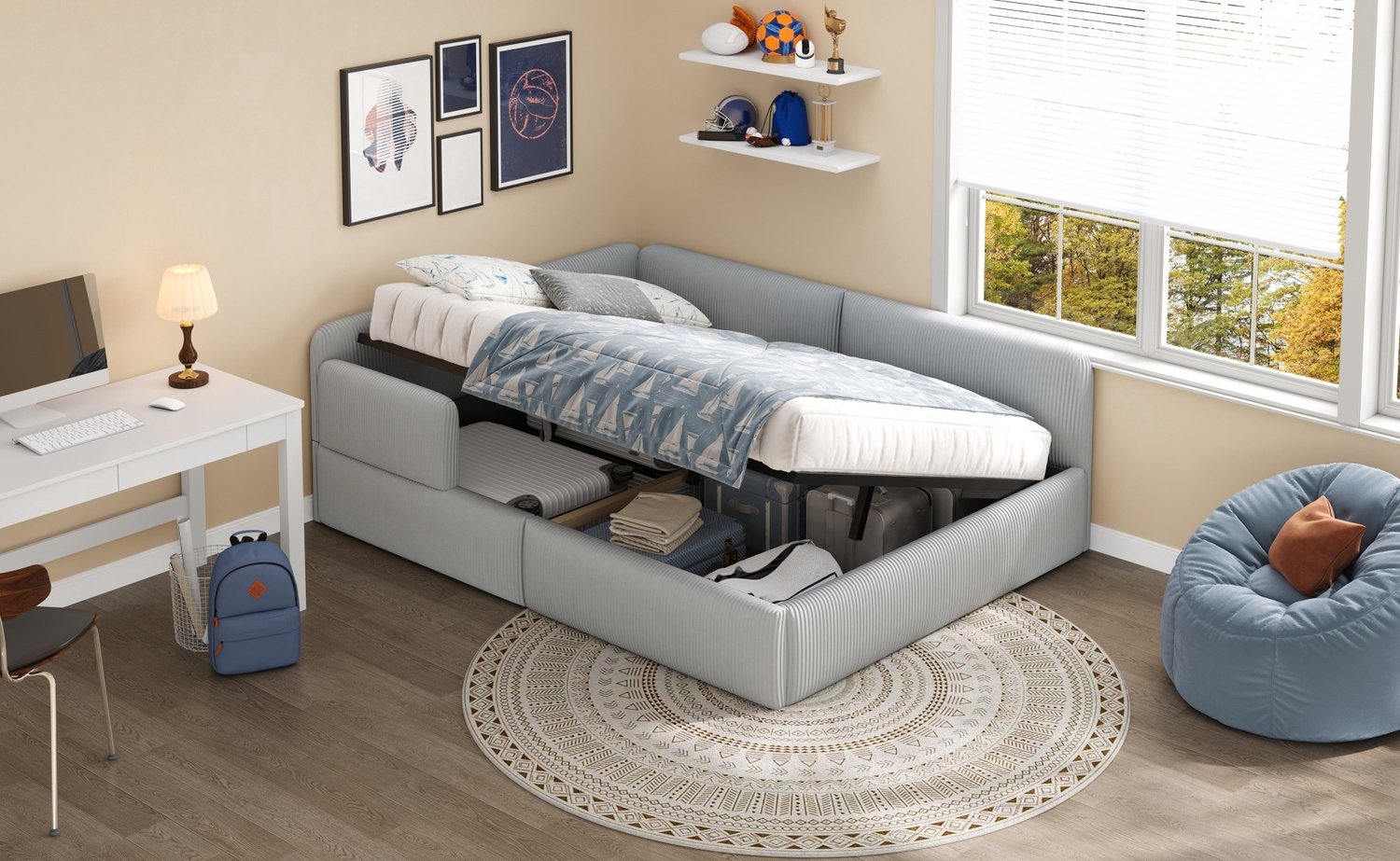 OKWISH Gestoffeerd Dagbed 140x200 cm - Slaapbank met Opbergruimte - Zijbeveiliging - voor Logeerkamer - Ribfluweel - Zonder matras - Grijs