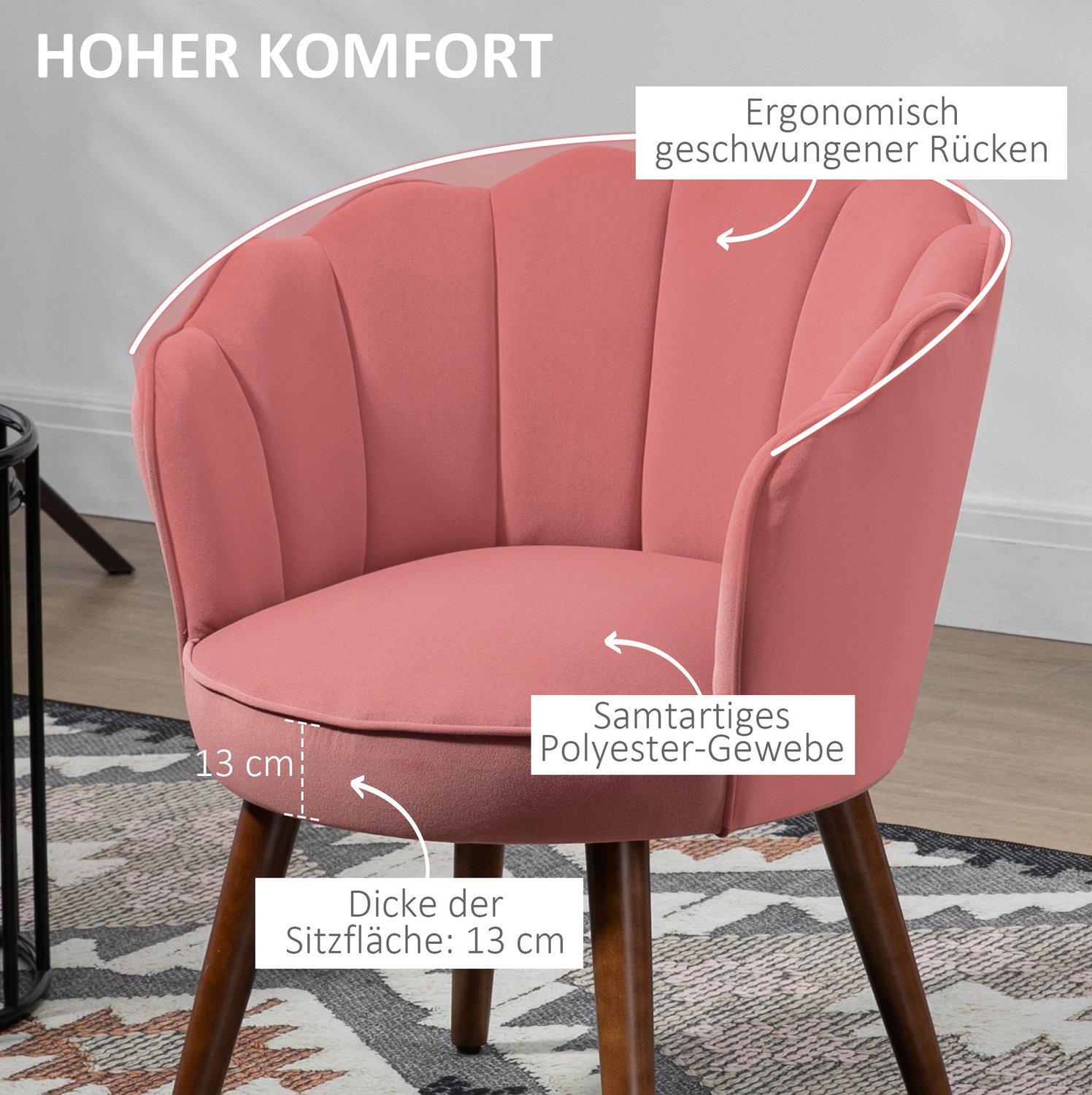 DESMIU Eetkamerstoel 66 x 66 x 78,5 cm - Zachte Zitting met Armleuningen - Voor Eetkamer en Woonkamer - Polyester en Hout - Roze