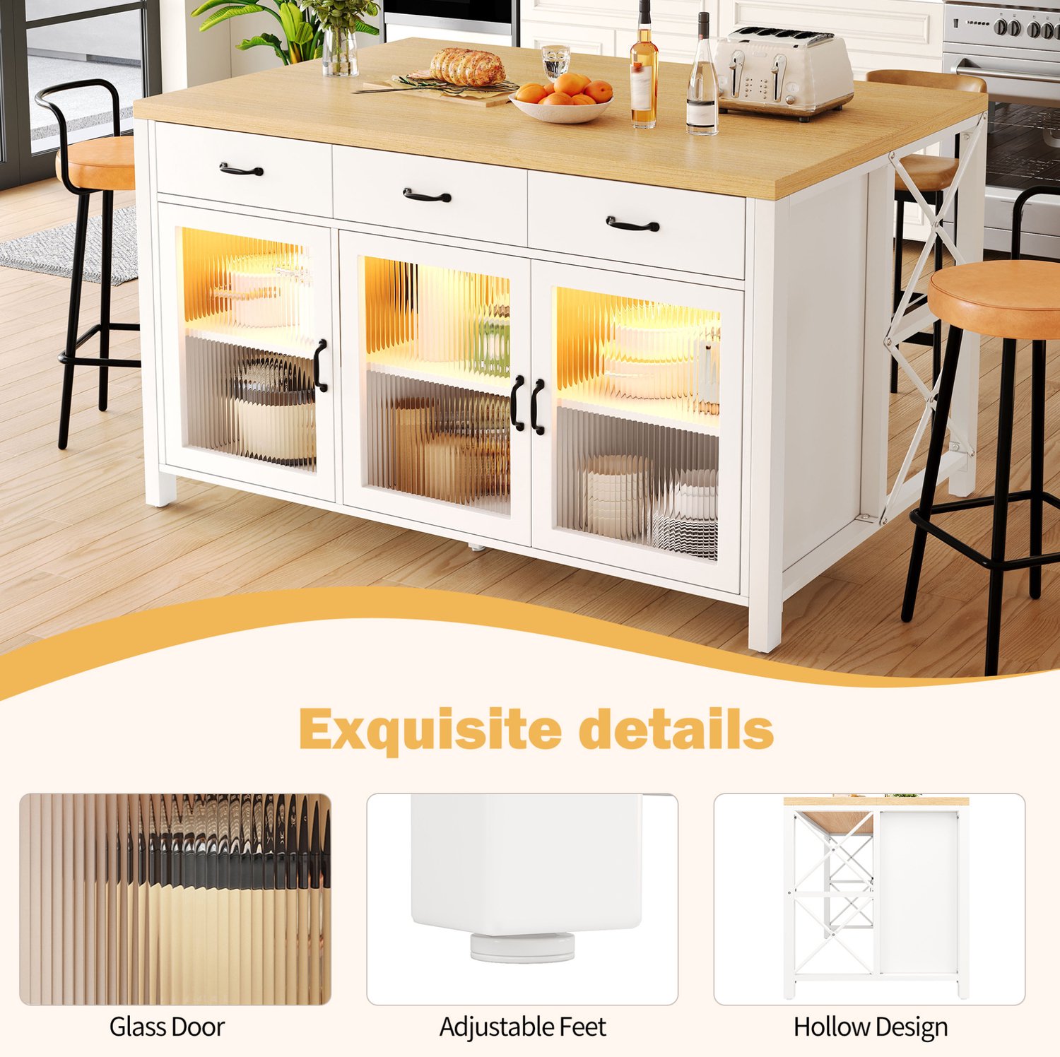 MIVRAY Keukeneiland - 3 Laden en 3 Glazen Deuren - Ledverlichting en Verstelbare Poten Voor Keuken en Eethoek - MDF en Metaal - 150x80x90 cm - Wit