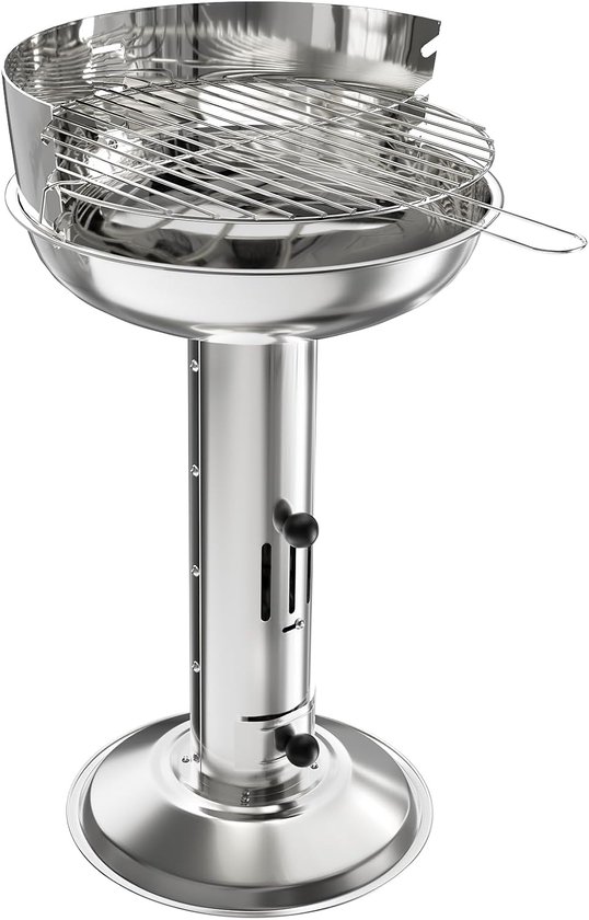 Roestvrijstalen houtskoolgrill, zuilgrill, weerbestendig, 40 x 40 x 69 cm, 3-voudig in hoogte verstelbaar, premium roestvrij stalen grill met verchroomd grillrooster, aslade en ventilatie