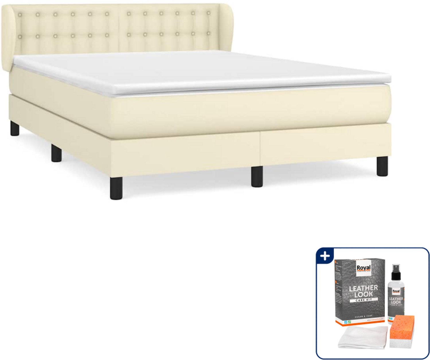vidaXL boxspring met matras 140 x 190 cm - kunstleer - crème - Inclusief onderhoudsset voor kunstleer 150 ml