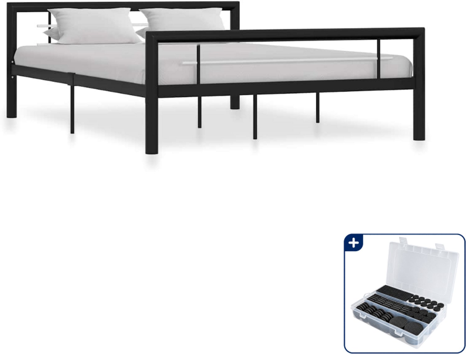 vidaXL Bedframe - Small double - 140 x 200 cm - zwart en wit - Inclusief antikrasvilt 177-delig