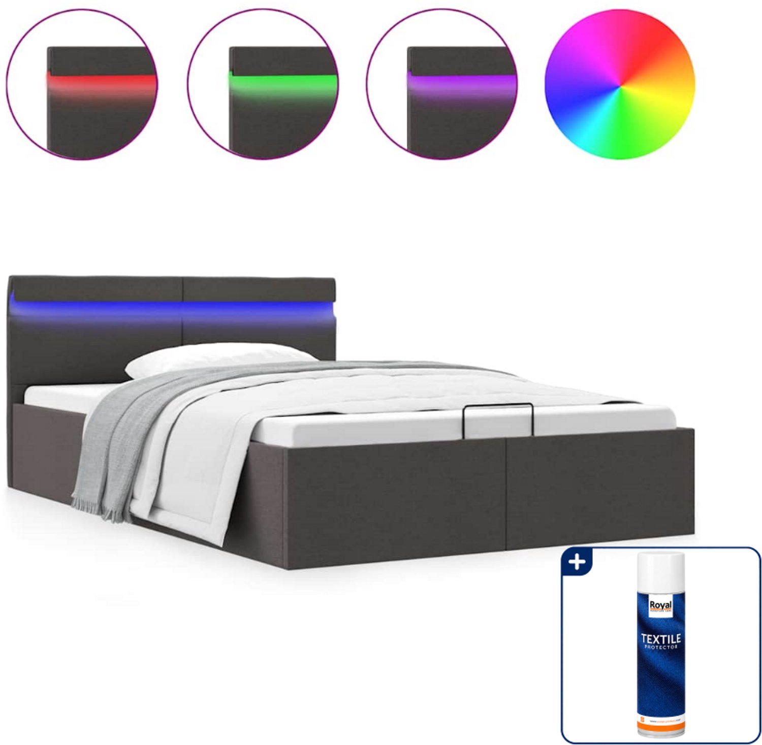 vidaXL bedframe met opbergruimte en LED - Small double - 140x200 cm - donkergrijs - Inclusief textielbeschermer 500 ml Bruin