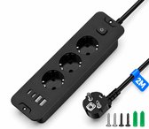 Intelectronics Inbouw Stekkerdoos met USB-C – 7-in-1 Power Hub met 3 Stopcontacten en 4 USB-Poorten – 2 m Kabel – Mat Zwart Luxe Design voor Bureau, Keuken, Vergadertafel of Werkplek – Elegant & Discreet Inbouwmodel