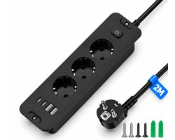 Intelectronics Inbouw Stekkerdoos met USB-C – 7-in-1 Power Hub met 3 Stopcontacten en 4 USB-Poorten – 2 m Kabel – Mat Zwart Luxe Design voor Bureau, Keuken, Vergadertafel of Werkplek – Elegant & Discreet Inbouwmodel
