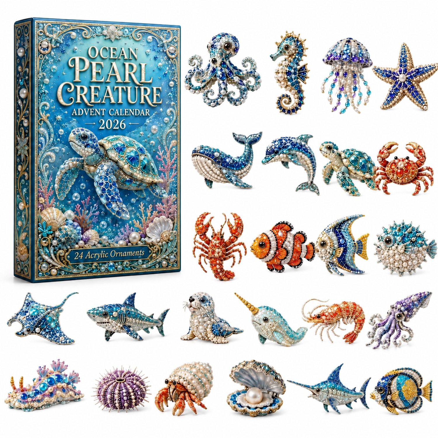 Adventskalender 2026 met zeedieren - 24 ornamenten van acryl in bedrukte doos