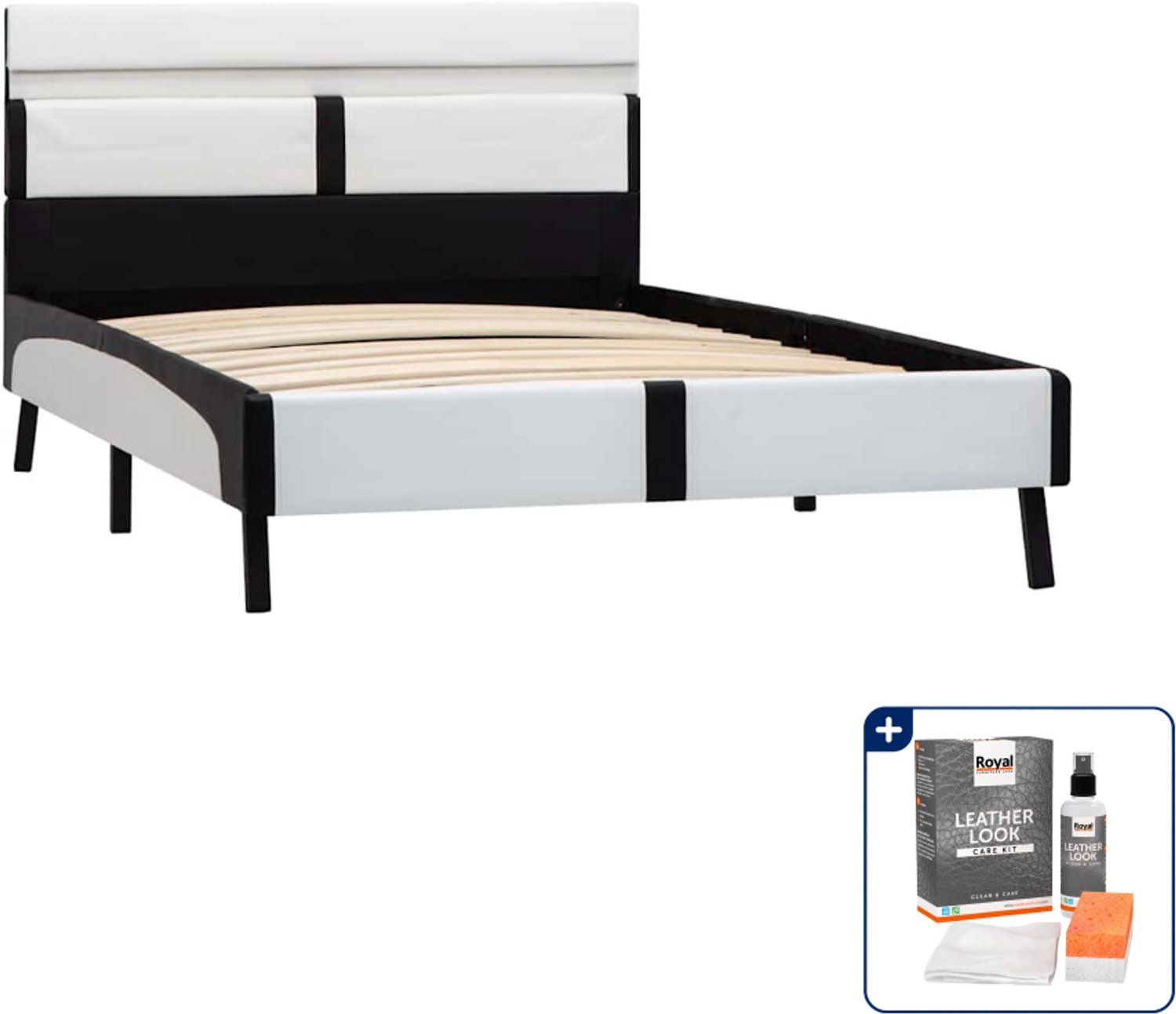 vidaXL bedframe met LED - 90 x 200 cm - kunstleer - wit en zwart - Inclusief onderhoudsset voor kunstleer 150 ml
