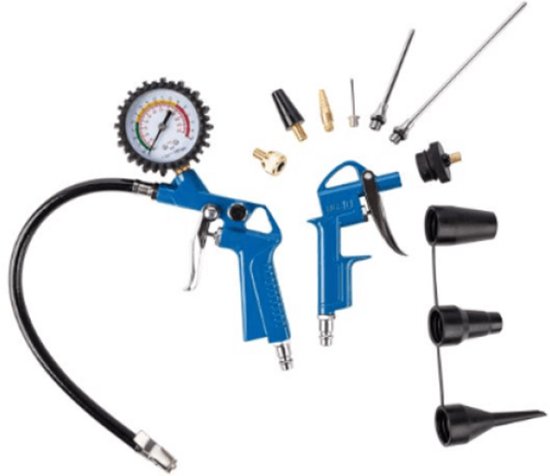 Workplus 13-delige pneumatische set met blauw bandenvulpistool, manometer, blaaspistool en diverse opzetstukken.