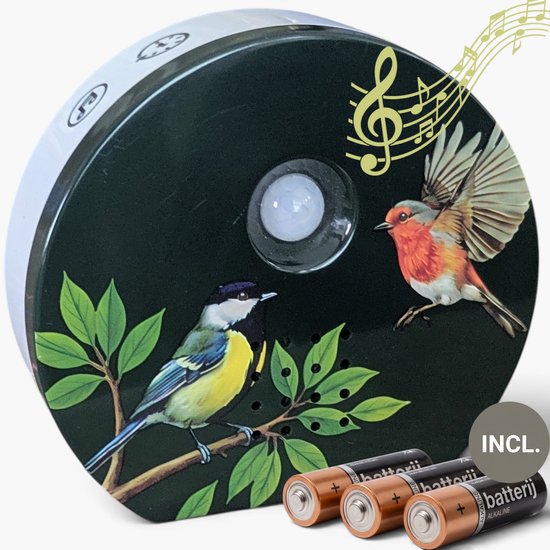 Rond vogelgeluidenhuisje met een koolmees en roodborstje, inclusief drie batterijen.