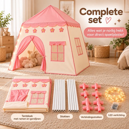 Bobbel Home - Speeltent XL - Met LED-verlichting - Speelkasteel - Roze Tent - Tent Voor Kinderen - Kindertent - Speelhuisje — cadeau in Spellen & Speelgoed - foto 6