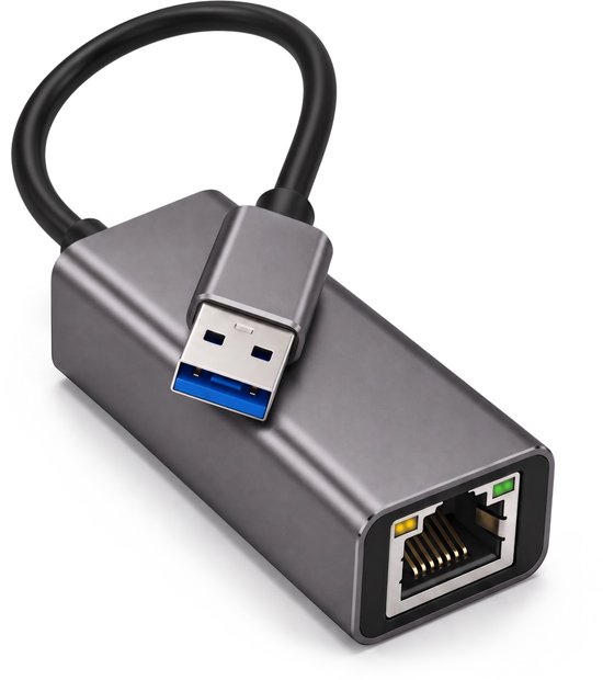 Grijze USB-A naar Ethernet adapter met een korte zwarte kabel en blauwe USB-A connector.