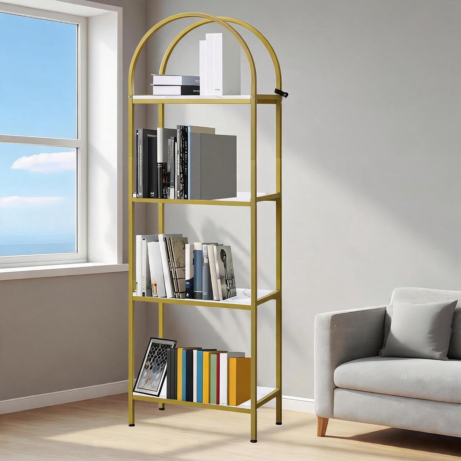 HOERFURIY Boogboekenkast 4 niveaus met houten planken, metalen frame 60x28x180cm, open display en opslag thuis Goud en Wit