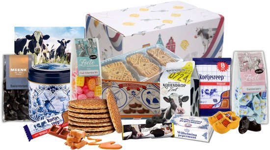 Hollandse cadeaupakket met stroopwafels, drop, chocolade, koetjesrepen, speculaas en traditionele snoepjes.