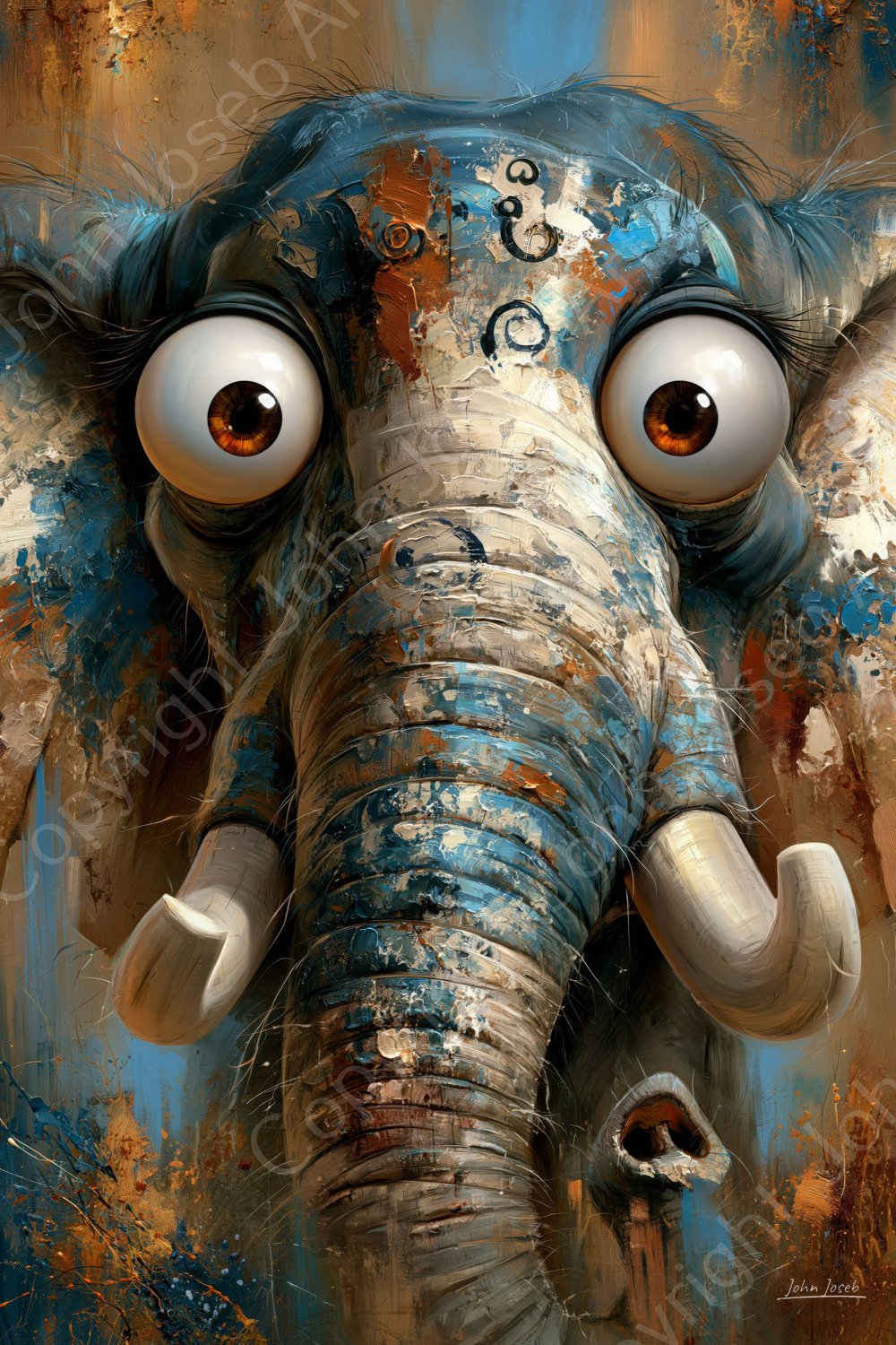 John Joseb Art (Canvas) 40x60 | Olifant, gek, grappig, humor, abstract, bolle ogen, portret, kunst, dier, Afrika, wit, bruin, blauw, modern | Foto-Schilderij canvas print (wanddecoratie) Canvas, dikte 2 cm