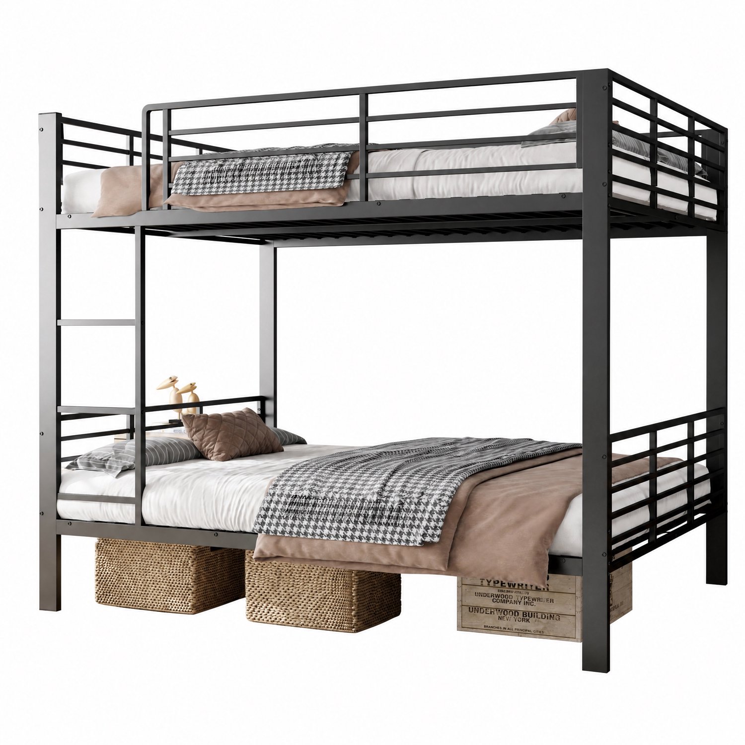 Lemlit Metalen Stapelbed 140 x 200 cm voor Volwassenen, Belastbaar tot 200 kg per Bedniveau, met Veiligheidshekken en Geluidsdempers, Ruimtebesparend, Zwart