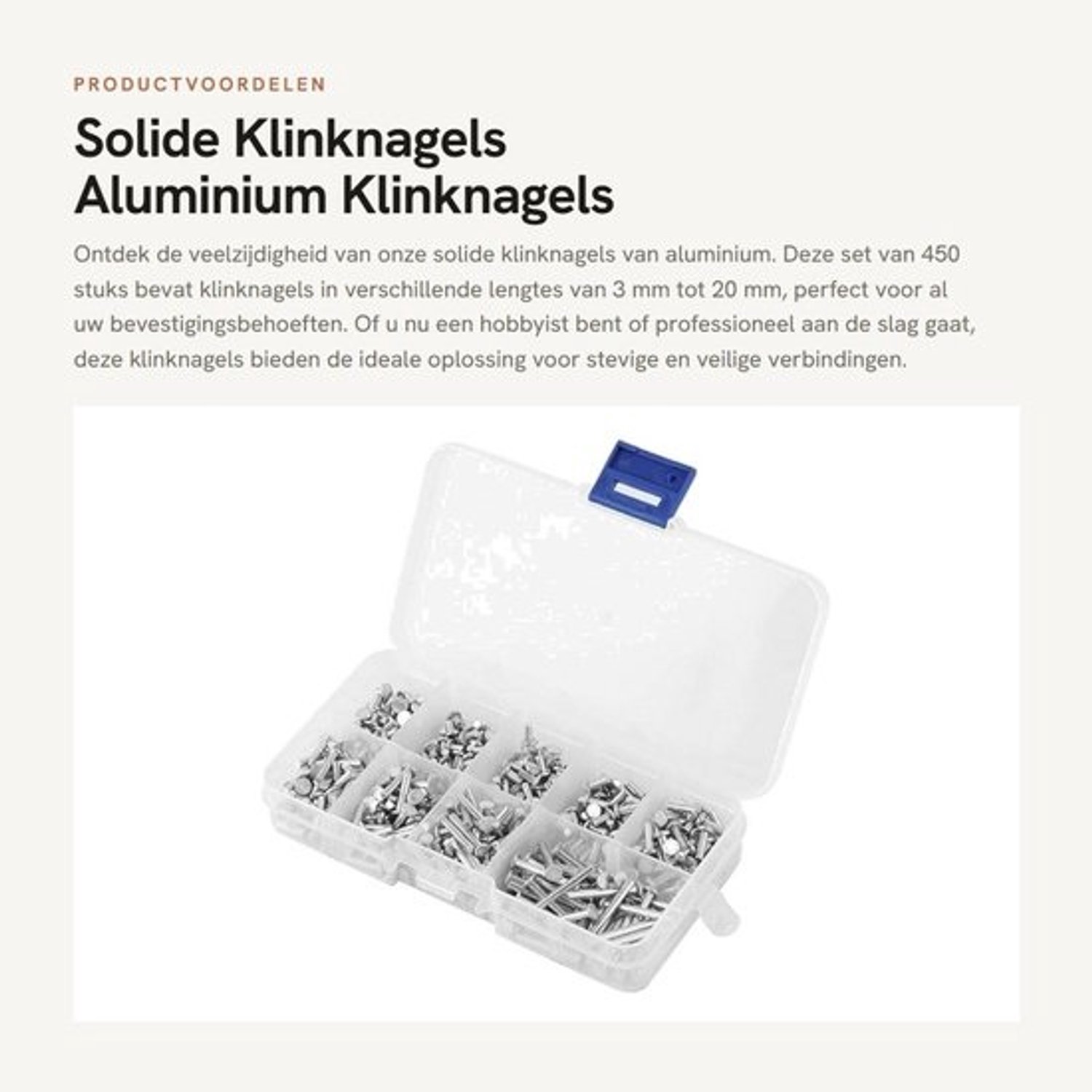 Dailygoods - Klinknagelset - 450 stuks - Platte kop - Aluminium - Corrosieweerstand - Lengte 3 mm/20 mm - Stevige structuur - Bevestigingsmateriaal