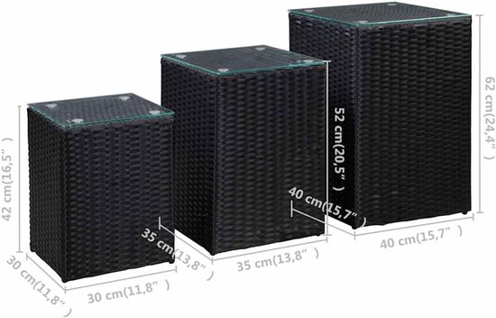 Zijtafel van polyrotan, 3 stuks, glasblad, Zwart, licht — afbeelding 2