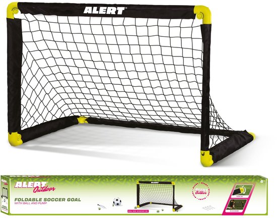 Alert inklapbaar voetbaldoel (91x61x61 cm) met zwart net, geel frame en bijgeleverde bal en pomp in verpakking.
