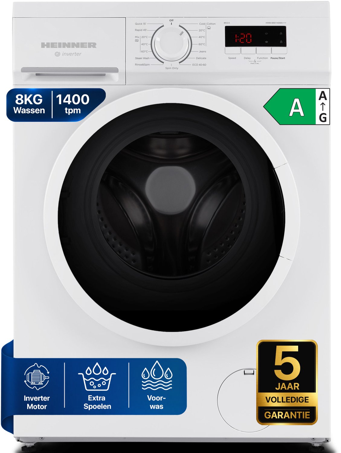 Heinner HWM-M8014SMA+++ Slanke Wasmachine 8 kg – 1400 tpm – Inverter Motor – Digitaal Display – 90° Hygiëneprogramma – 15 min Snelprogramma – Wit – 5 Jaar Garantie