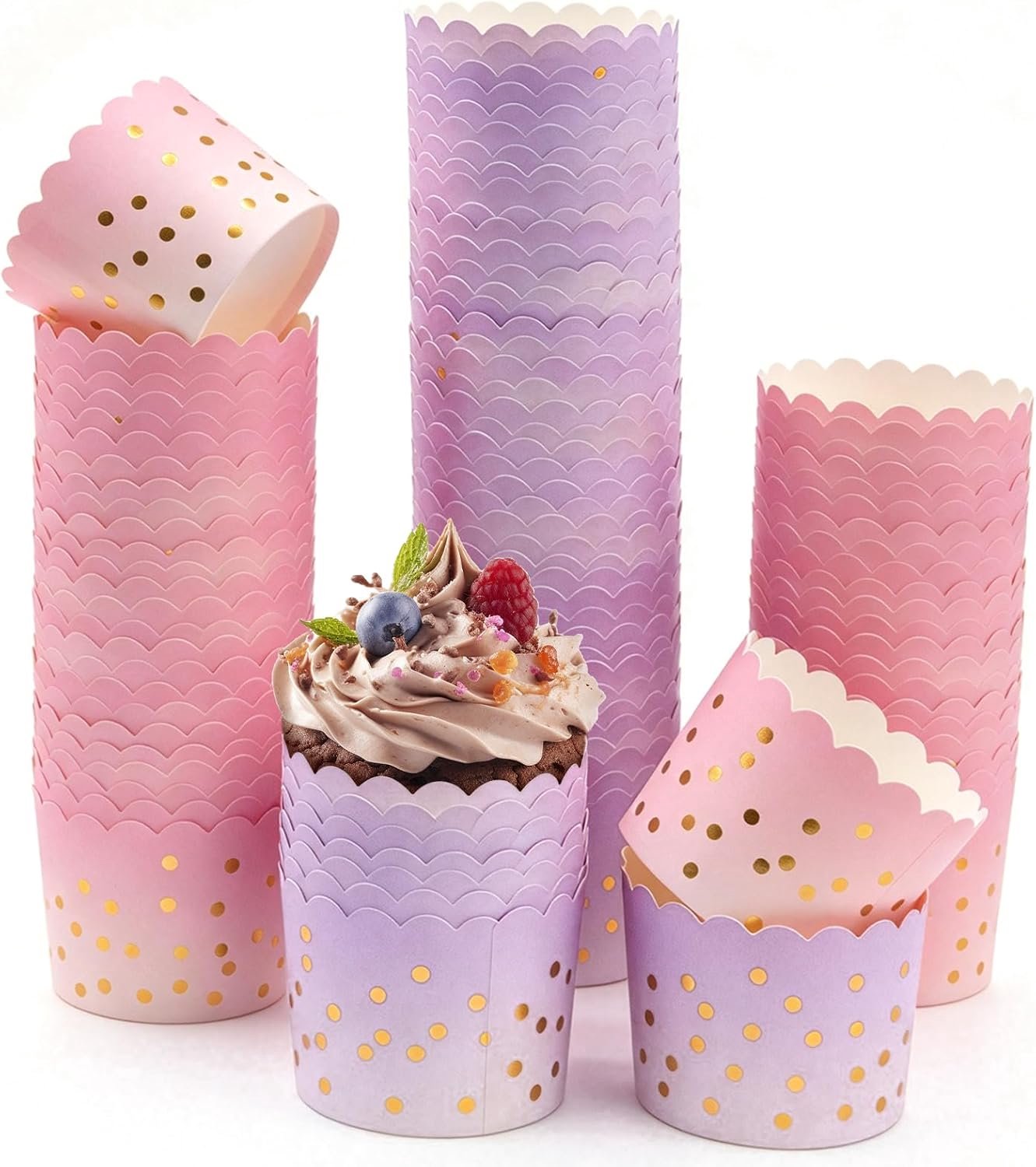 100 stuks cupcake hoesjes voor bakken, meisjes verjaardag roze paarse