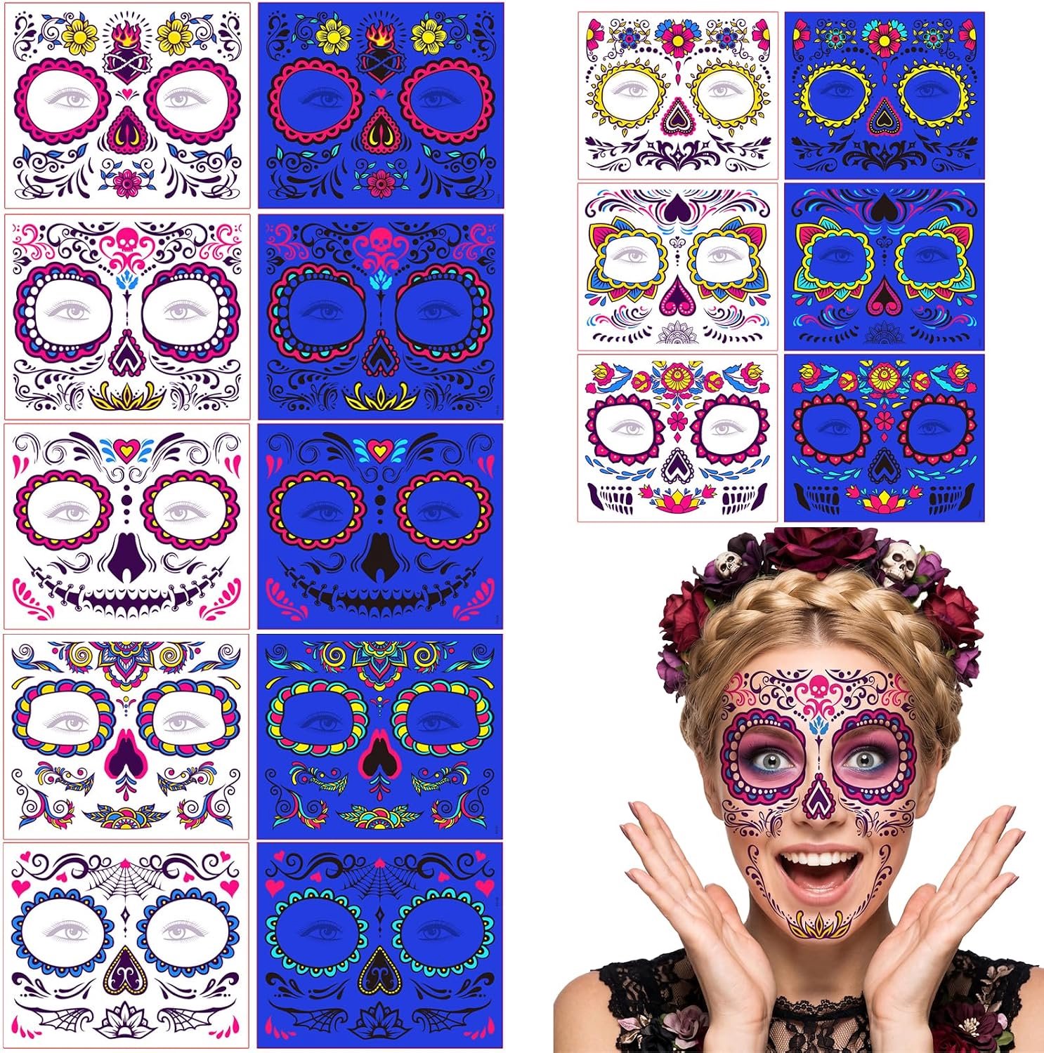 Tijdelijke gezichtstatoeages voor Halloween, lichtgevende dag van de doden, schedel gezichtstatoeages voor maskerade, carnaval, cosplay, feestaccessoires
