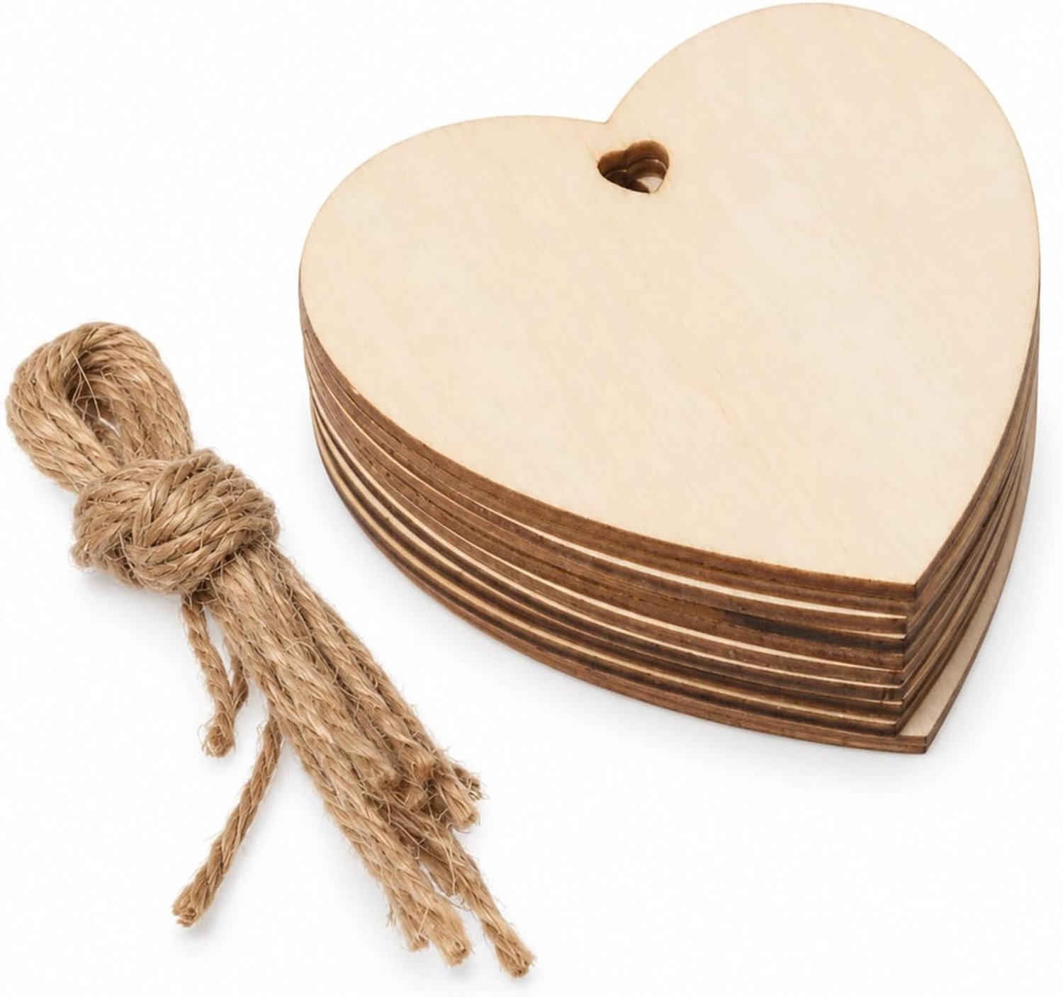 60 houten hartjes met gat en jutetouw voor DIY-knutselen