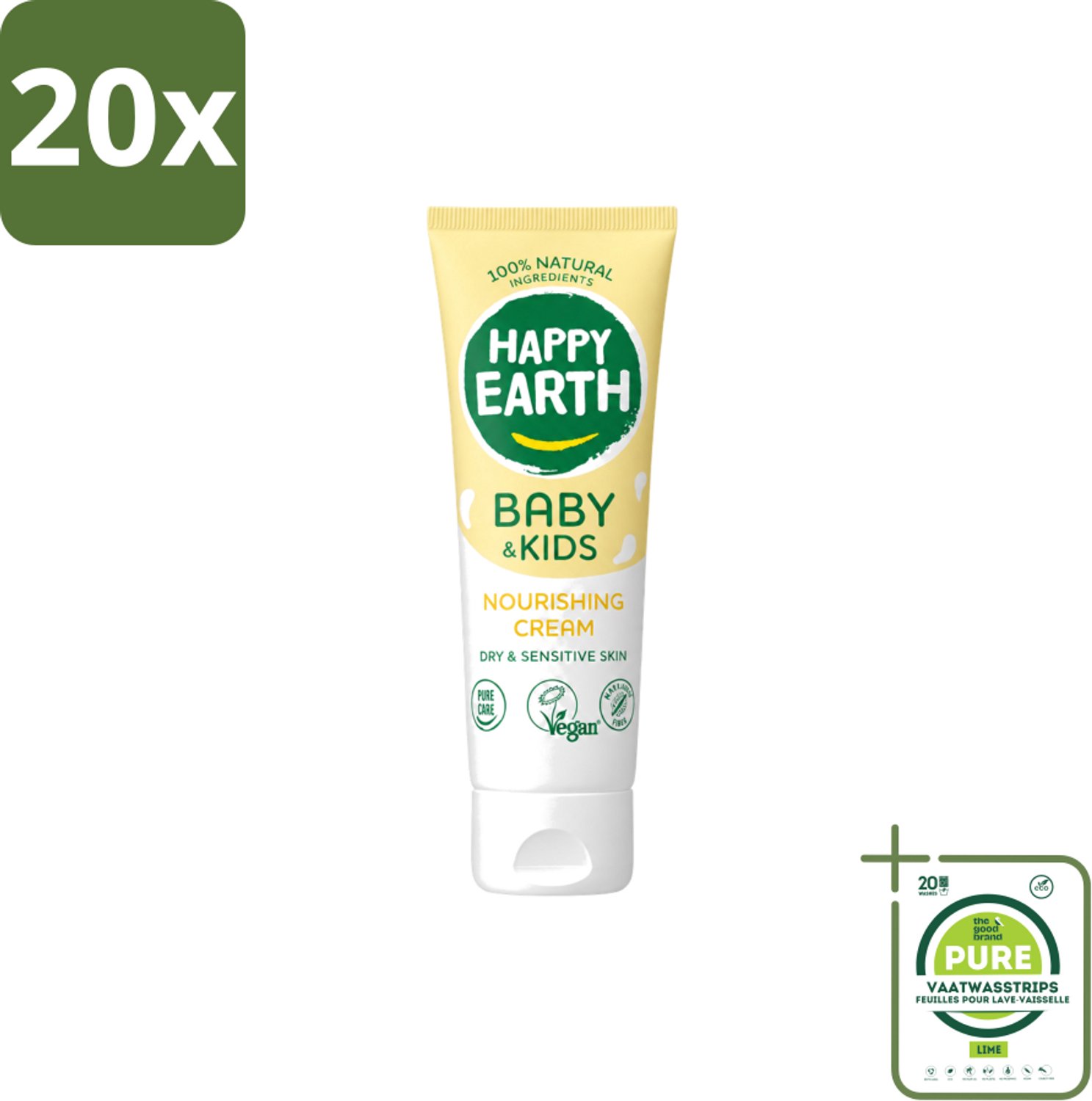20 x Happy Earth – Nourishing Cream – 100% Natuurlijk Baby & Kids – 75 ml - Grootverpakking - Vaatwasstrips - Natuurlijke Crème - Gevoelige Huid - Baby Crème - Droge Huid - Sheaboter