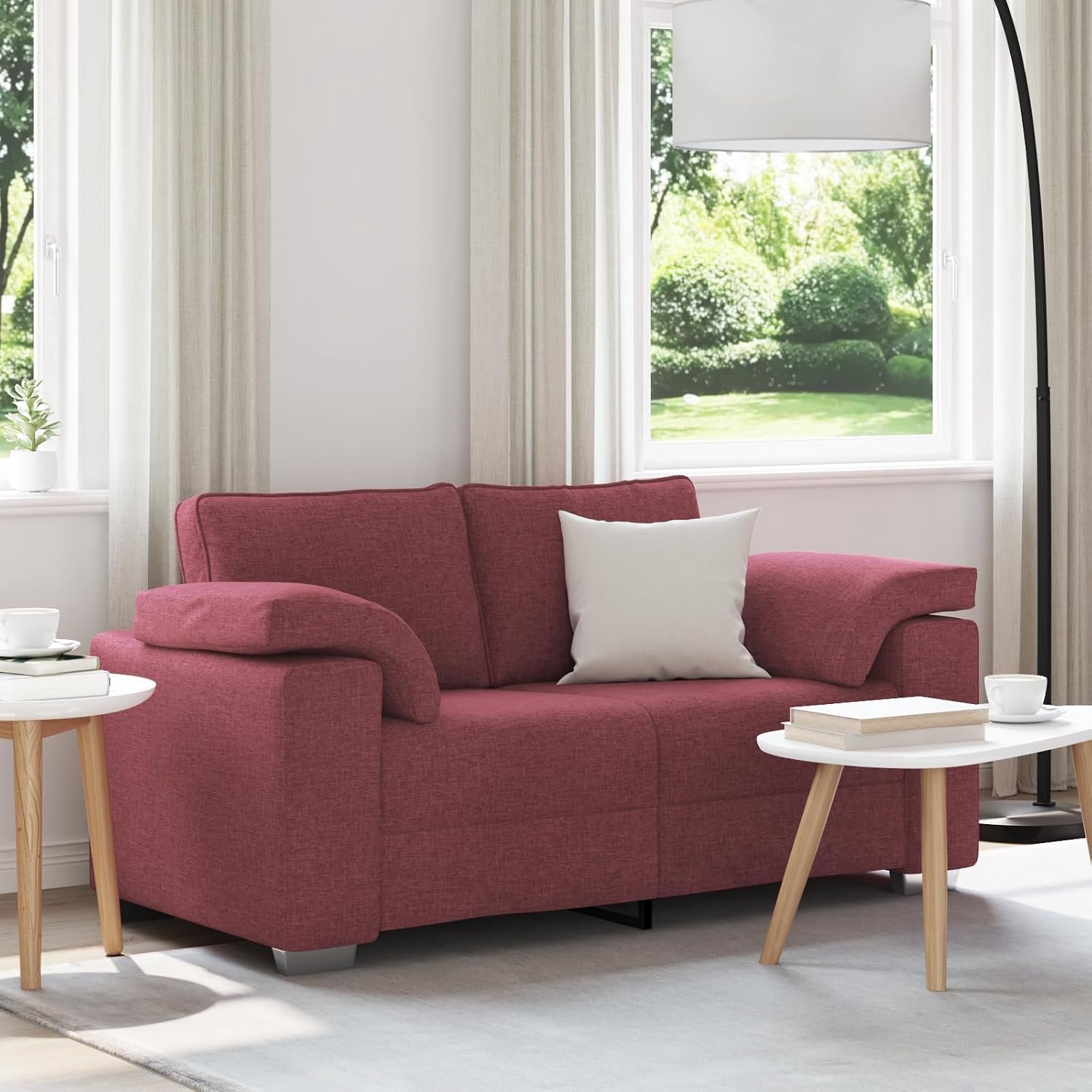 Rode bank 2-zits 120 cm stof loveseat met stalen frame en gevoerde armleuningen voor woonkamer, slanke rechthoekige vorm en robuust comfort, ideaal voor kleine
