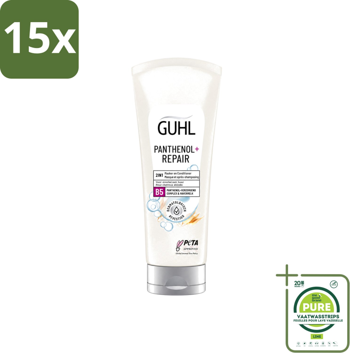 15 x Guhl – 2-in-1 Masker & Conditioner – Panthenol+Repair – 200 ml - Grootverpakking - Vaatwasstrips - Haarmasker - Conditioner - Panthenol - Haarverzorging - Haarherstel