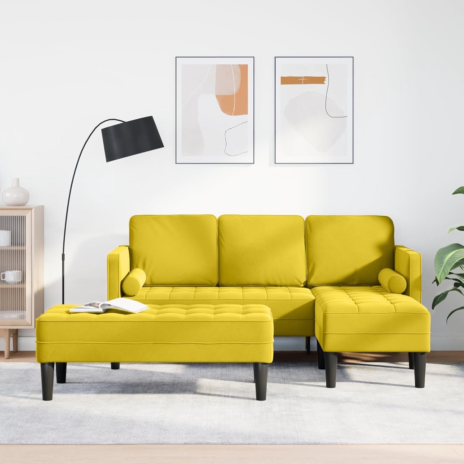 Tuinbank met bank en kussen, L-vorm, geel fluweel, ergonomische chaise lounge en robuust houten frame voor woonkamer, serre