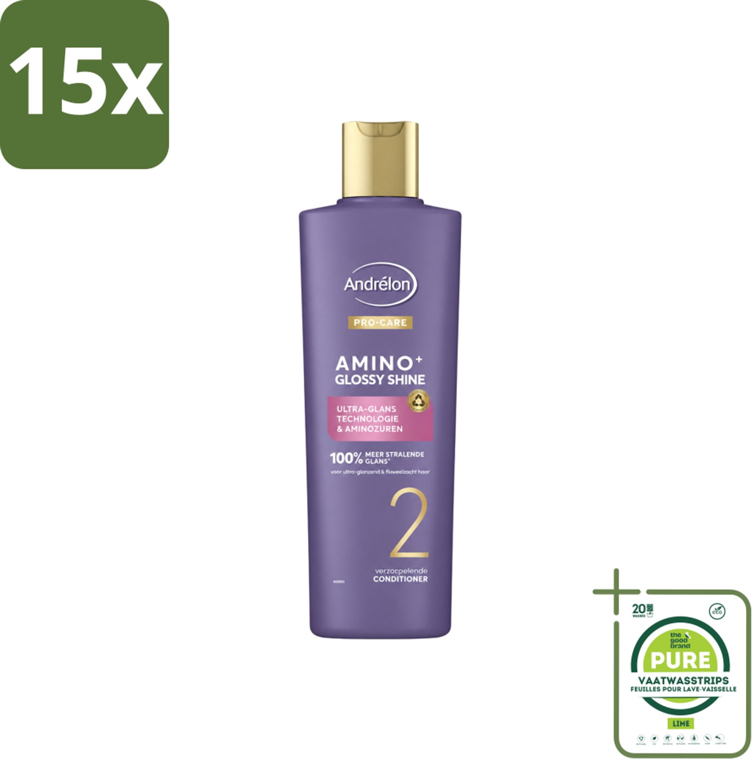 15 x Andrélon – Conditioner – Pro Care Amino+ Glossy Shine – 250 ml - Grootverpakking - Vaatwasstrips - Haar Glans - Aminozuren - Zijdezacht Haar - Spiegelachtige Glans - Zachter Haar