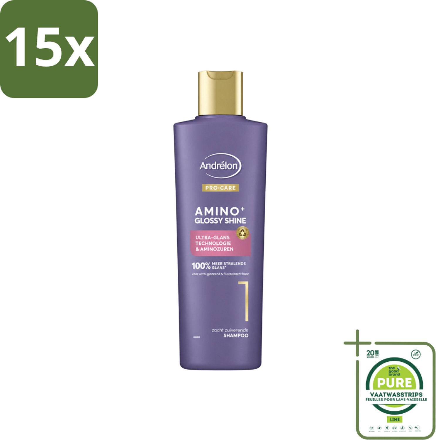 15 x Andrélon – Shampoo – Pro Care Amino+ Glossy Shine – 250 ml - Grootverpakking - Vaatwasstrips - Glans Haar - Zachtheid Haar - Stralend Haar - Gezond Haar - Stug Haar